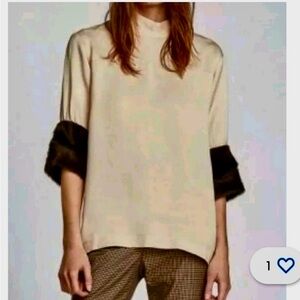 Cream Top with Dark Brown Faux Fur Cuff Detail|Zara|size S